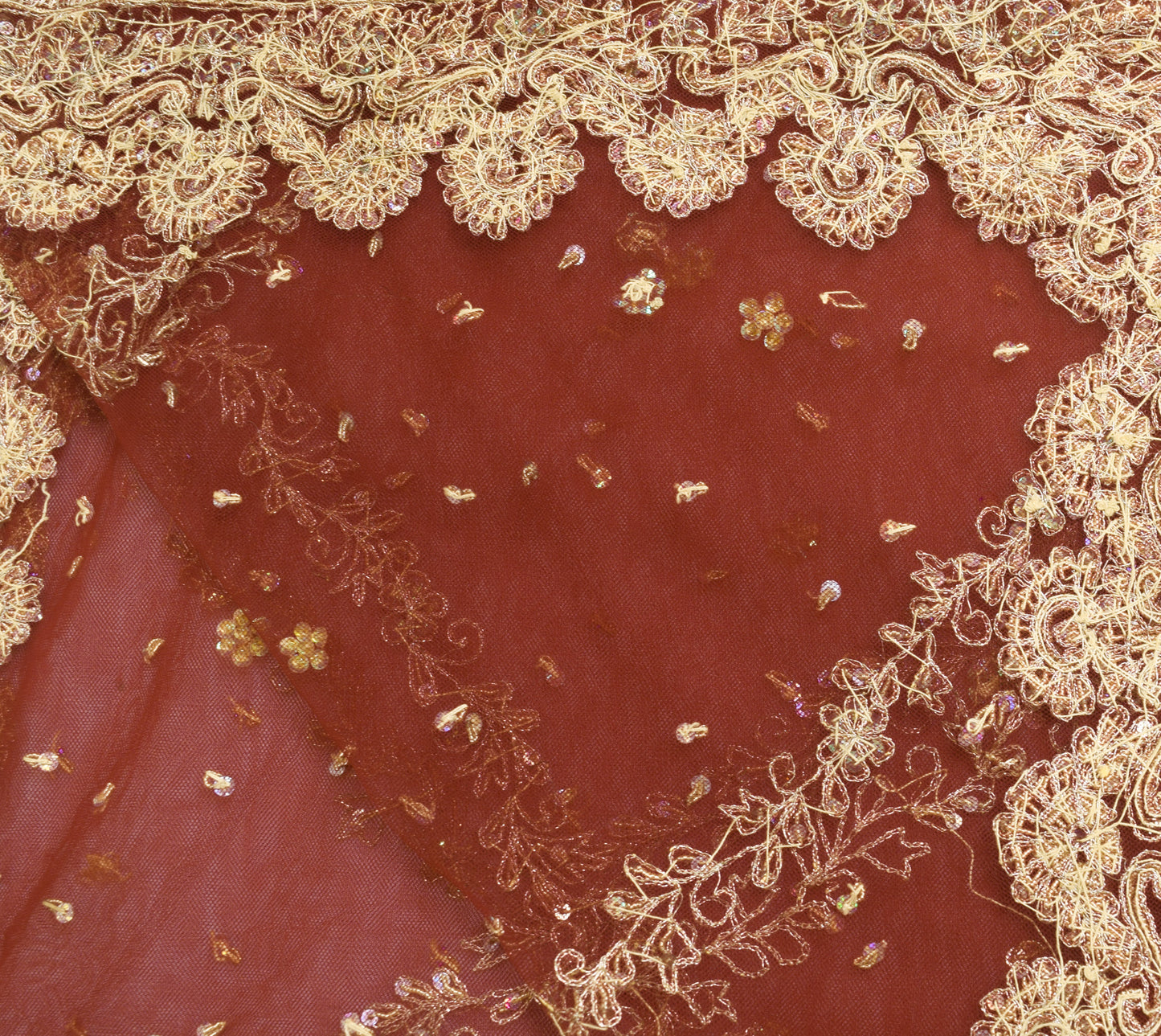 Sushila Vintage Maroon Indian Dupatta Net Mesh Hand Beaded Floral Long Stole Veil