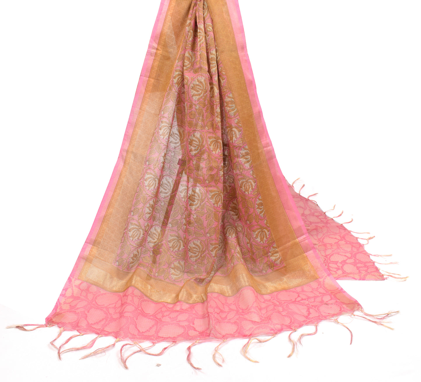 Sushila Vintage Hand Block Printed Dupatta Art Cotton Floral Pink Long Stole