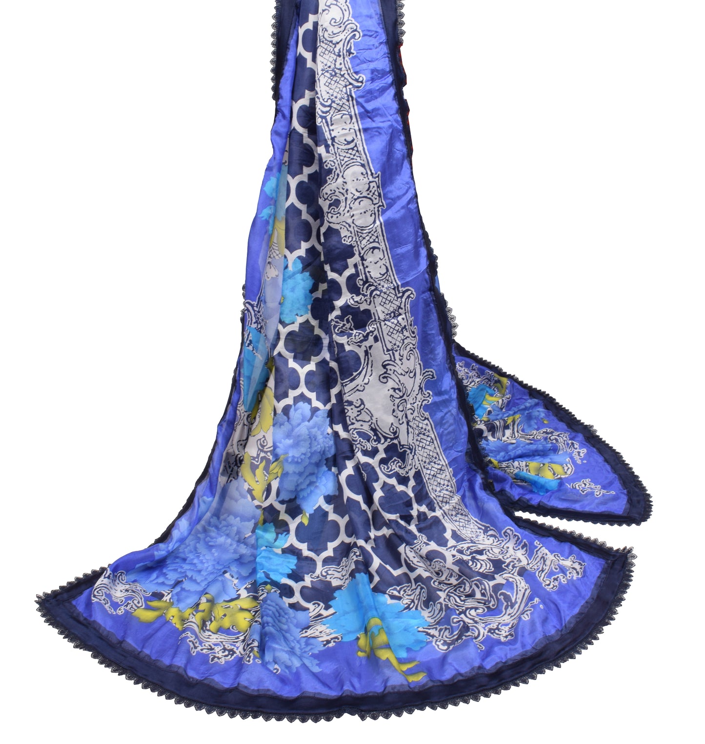 Sushila Vintage Floral Printed Dupatta 100% Pure Silk Blue Soft Long Stole