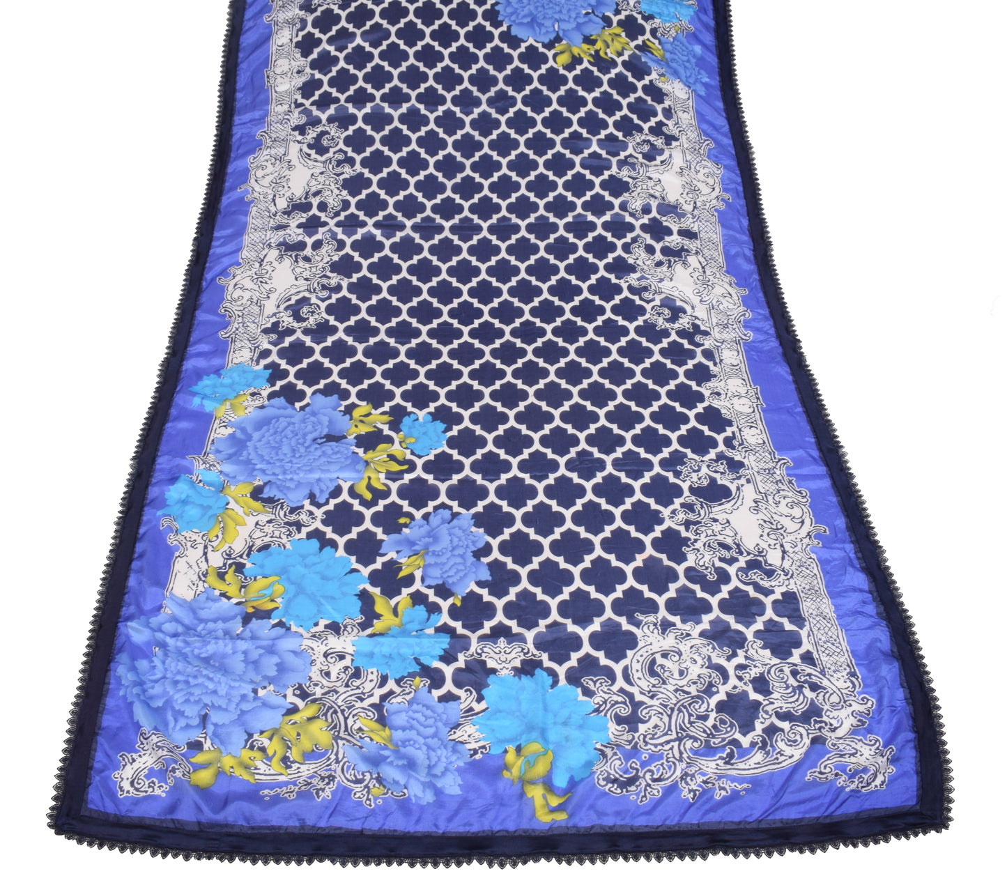 Sushila Vintage Floral Printed Dupatta 100% Pure Silk Blue Soft Long Stole