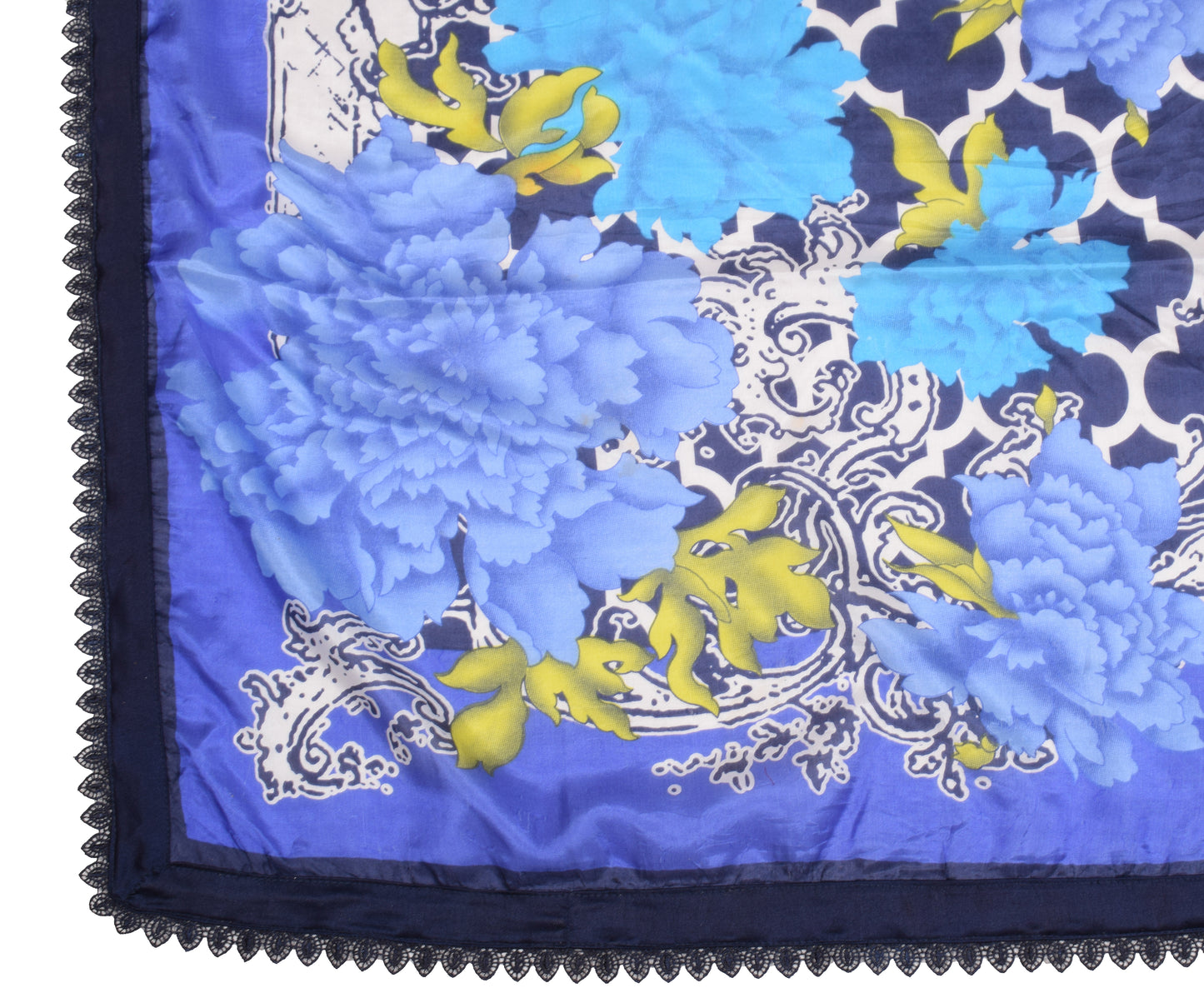 Sushila Vintage Floral Printed Dupatta 100% Pure Silk Blue Soft Long Stole