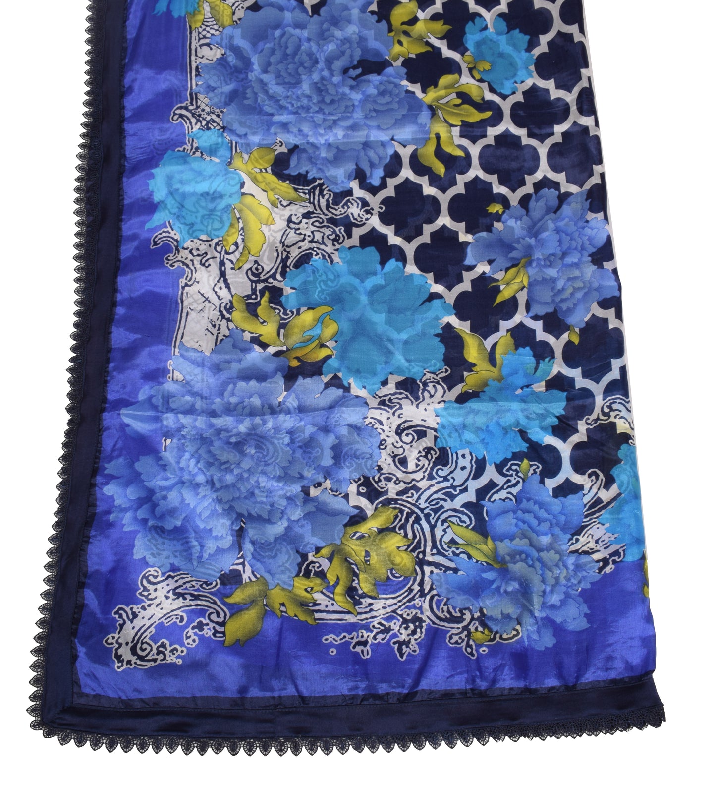 Sushila Vintage Floral Printed Dupatta 100% Pure Silk Blue Soft Long Stole