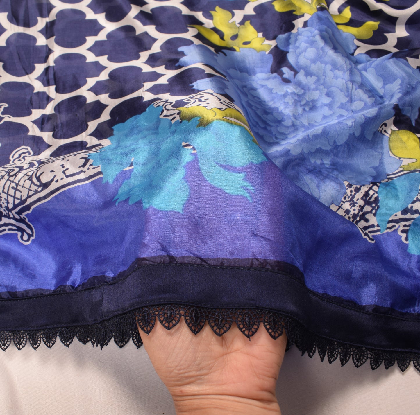 Sushila Vintage Floral Printed Dupatta 100% Pure Silk Blue Soft Long Stole