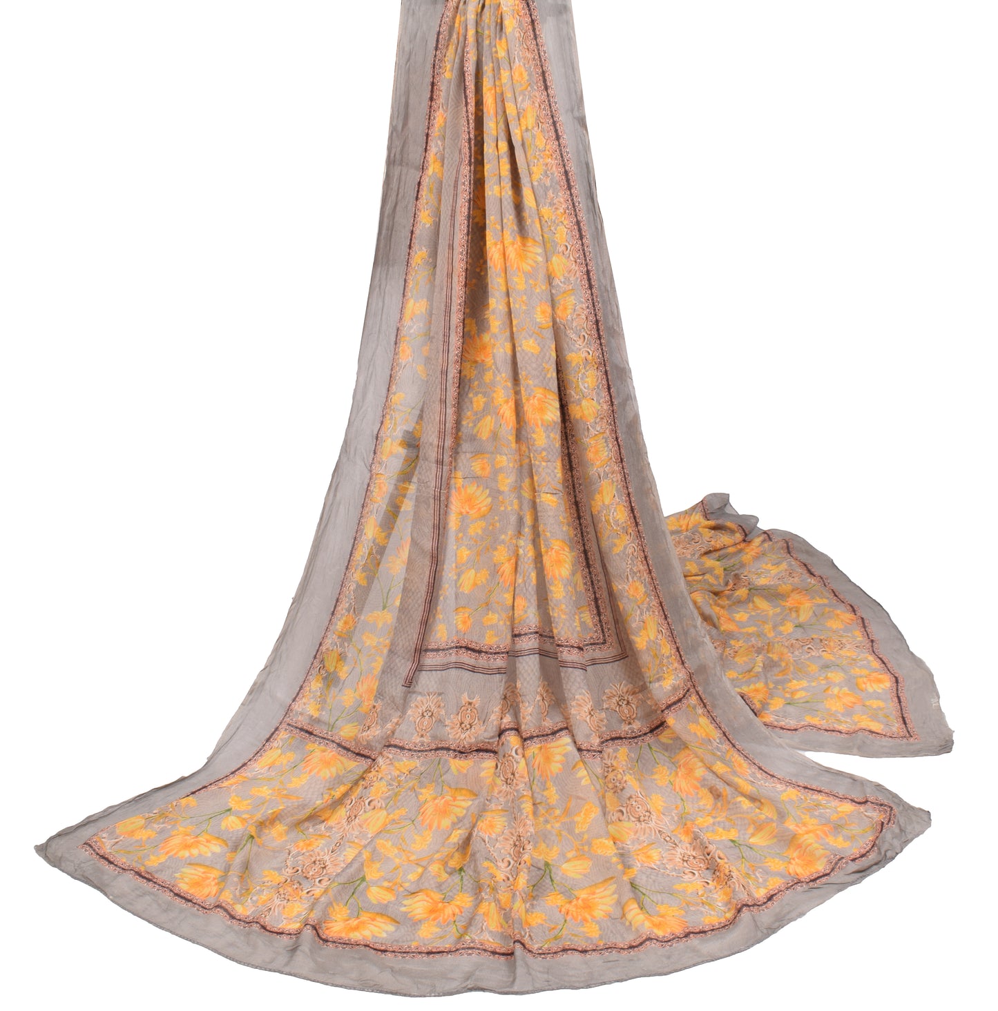 Sushila Vintage Floral Printed Dupatta Gray Yellow Pure Chiffon Long Stole