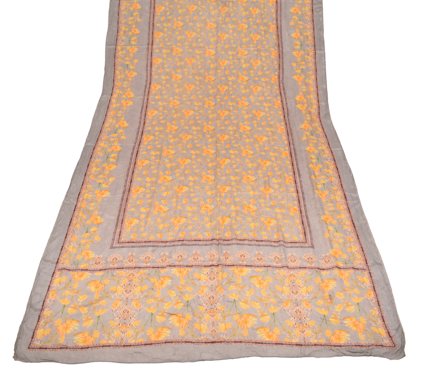 Sushila Vintage Floral Printed Dupatta Gray Yellow Pure Chiffon Long Stole