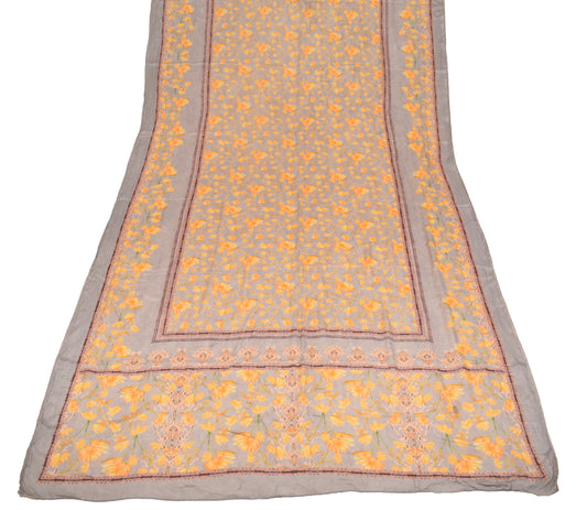 Sushila Vintage Floral Printed Dupatta Gray Yellow Pure Chiffon Long Stole