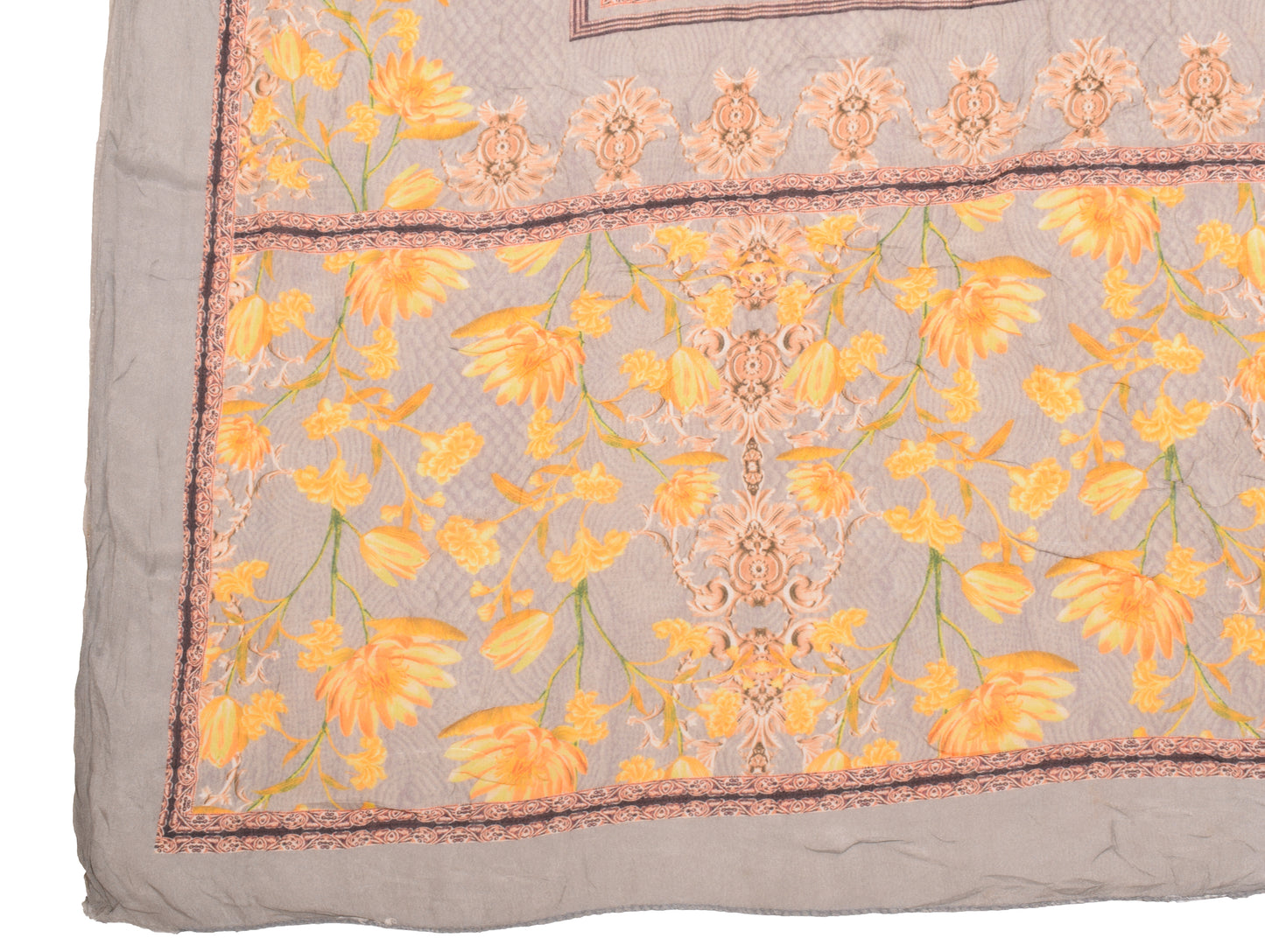 Sushila Vintage Floral Printed Dupatta Gray Yellow Pure Chiffon Long Stole