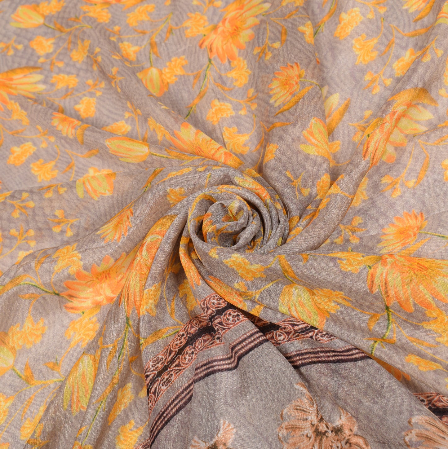 Sushila Vintage Floral Printed Dupatta Gray Yellow Pure Chiffon Long Stole