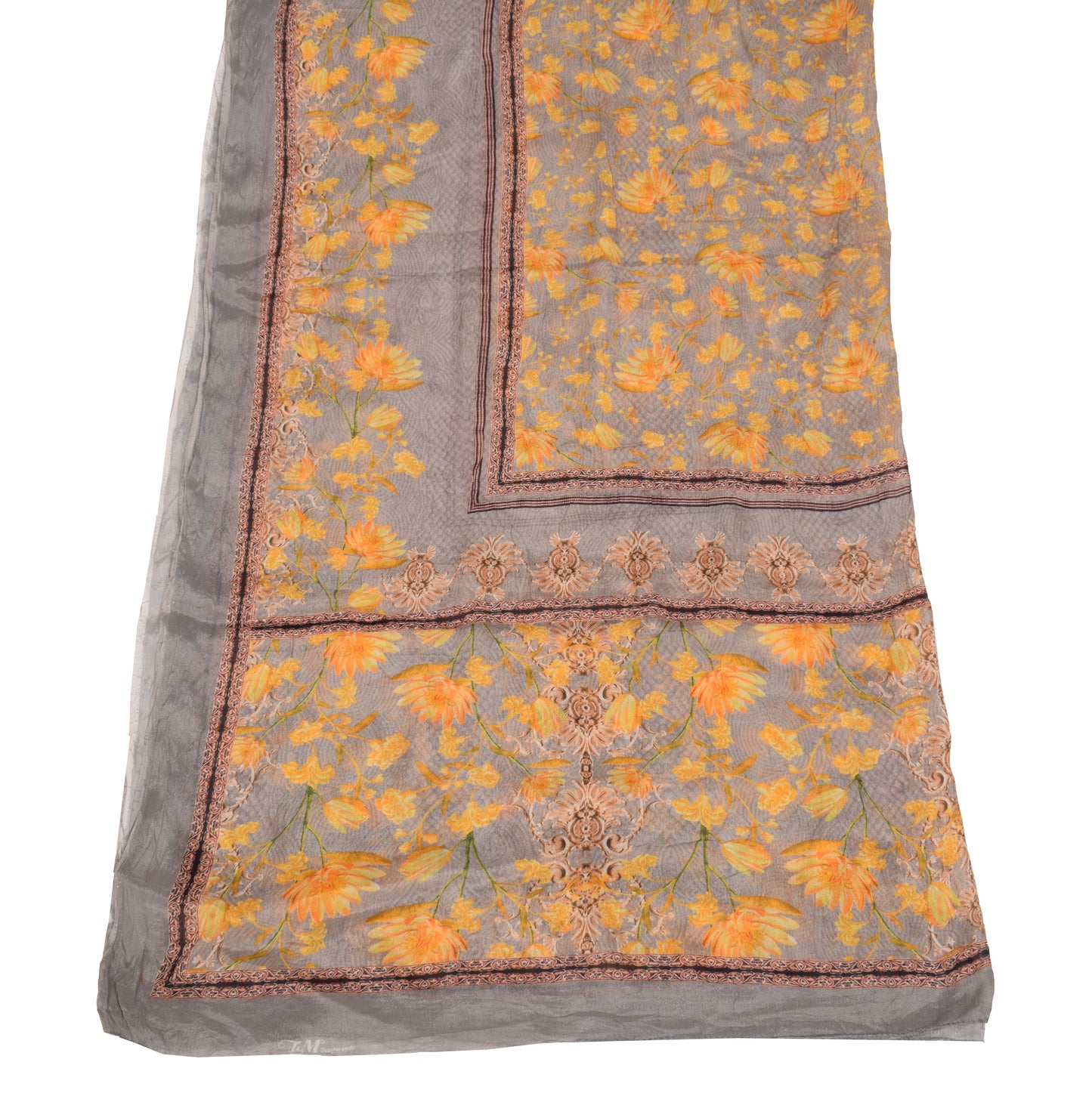 Sushila Vintage Floral Printed Dupatta Gray Yellow Pure Chiffon Long Stole