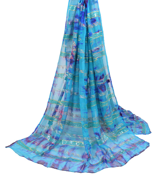 Sushila Vintage Aqua Blue Tie-Dye Dupatta Sequins Embellish Pure Chiffon Long Stole