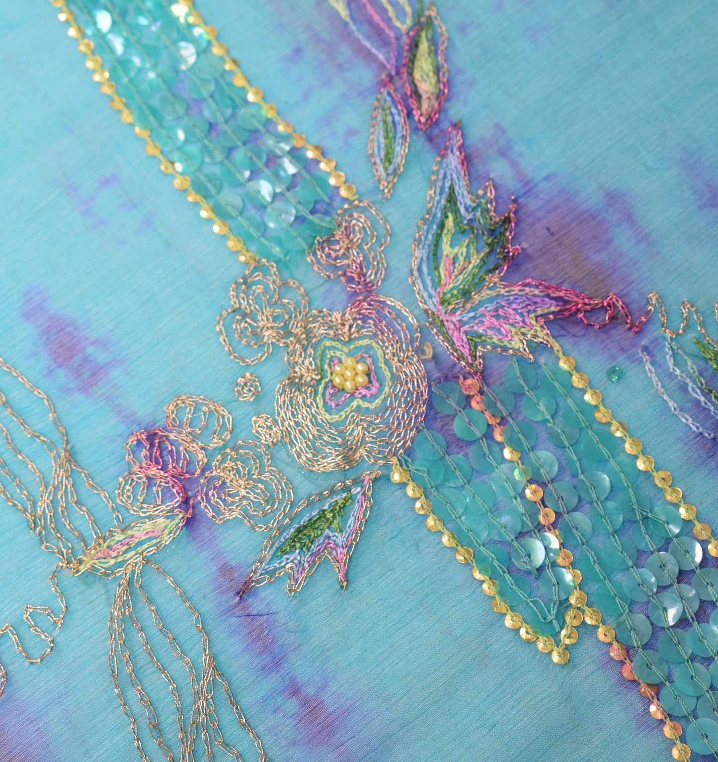 Sushila Vintage Aqua Blue Tie-Dye Dupatta Sequins Embellish Pure Chiffon Long Stole