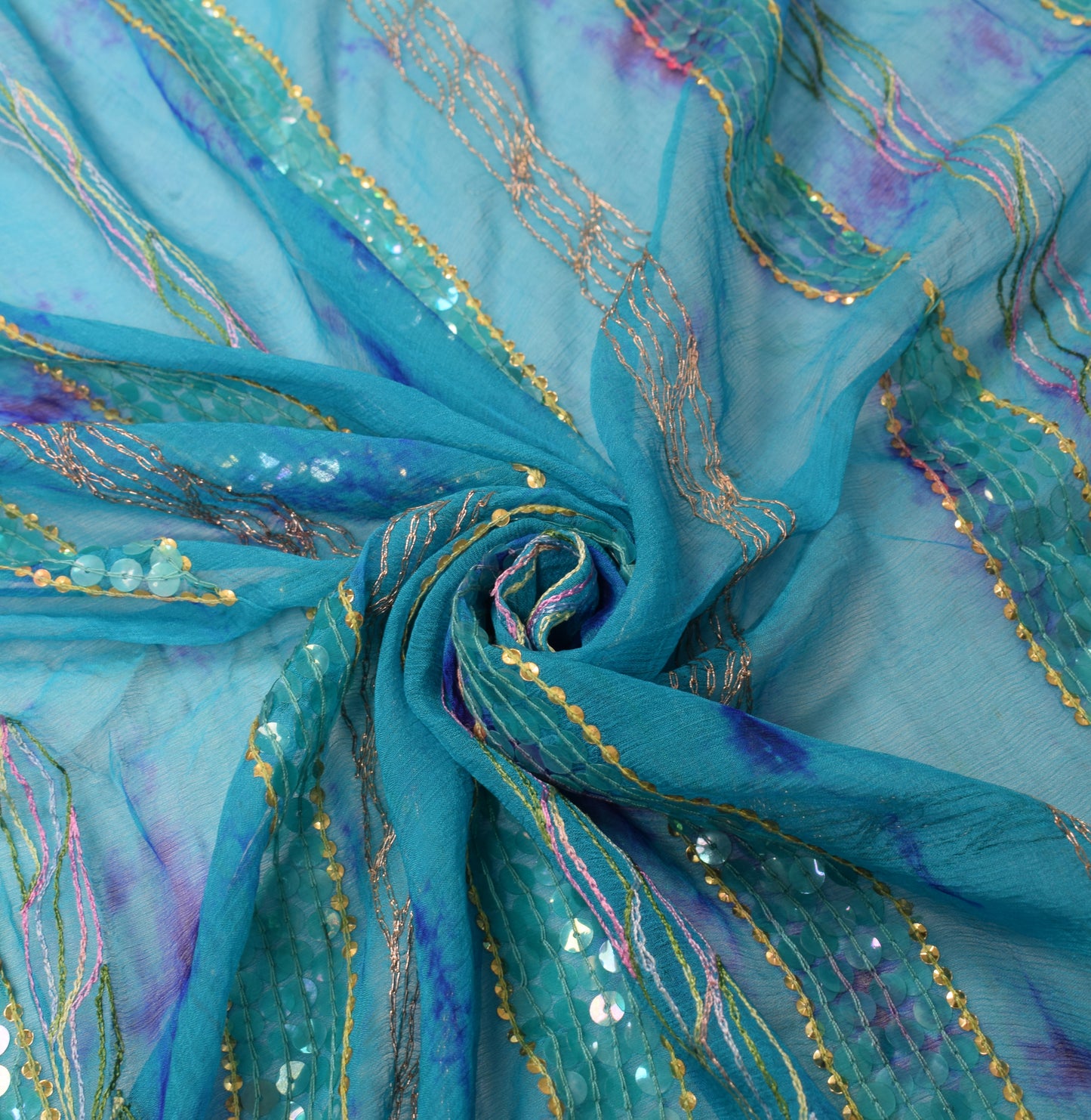 Sushila Vintage Aqua Blue Tie-Dye Dupatta Sequins Embellish Pure Chiffon Long Stole