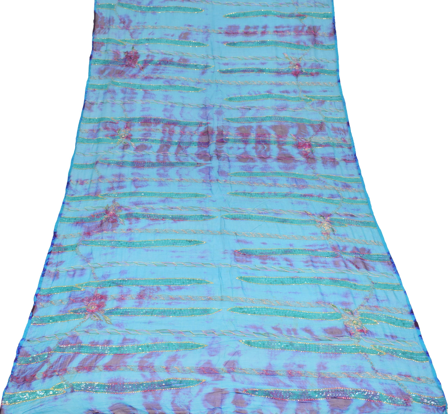 Sushila Vintage Aqua Blue Tie-Dye Dupatta Sequins Embellish Pure Chiffon Long Stole