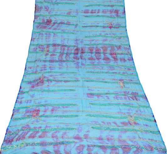 Sushila Vintage Aqua Blue Tie-Dye Dupatta Sequins Embellish Pure Chiffon Long Stole