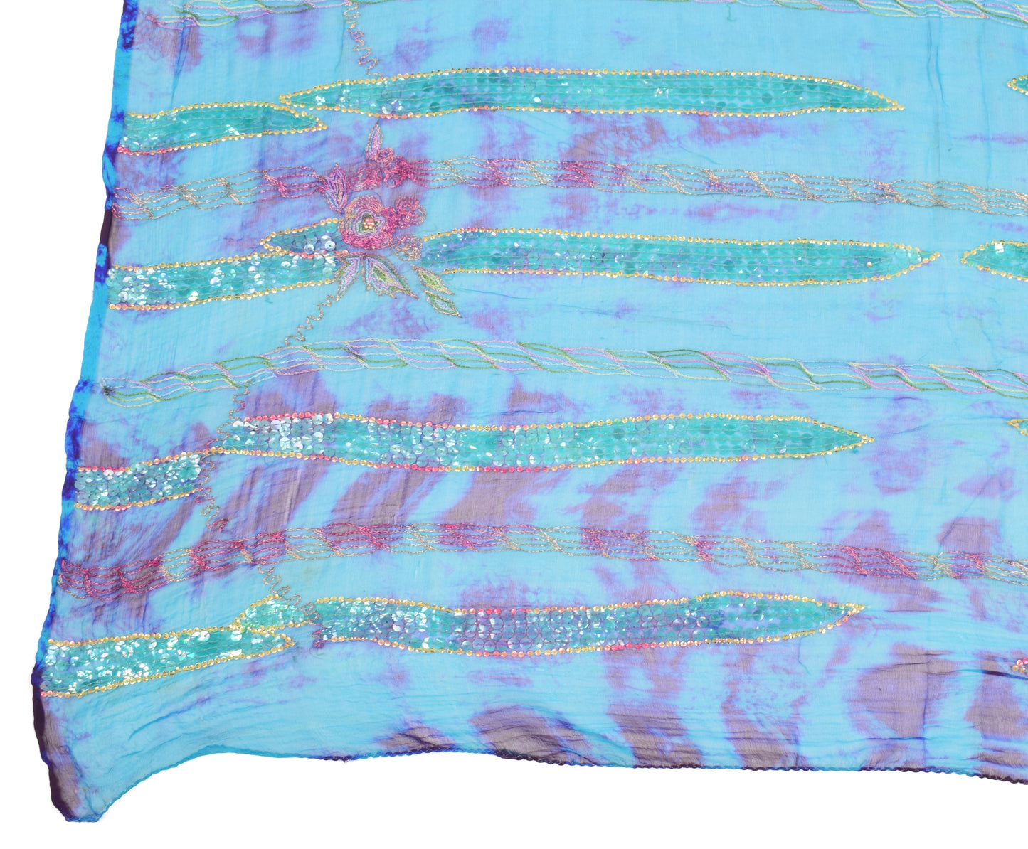 Sushila Vintage Aqua Blue Tie-Dye Dupatta Sequins Embellish Pure Chiffon Long Stole
