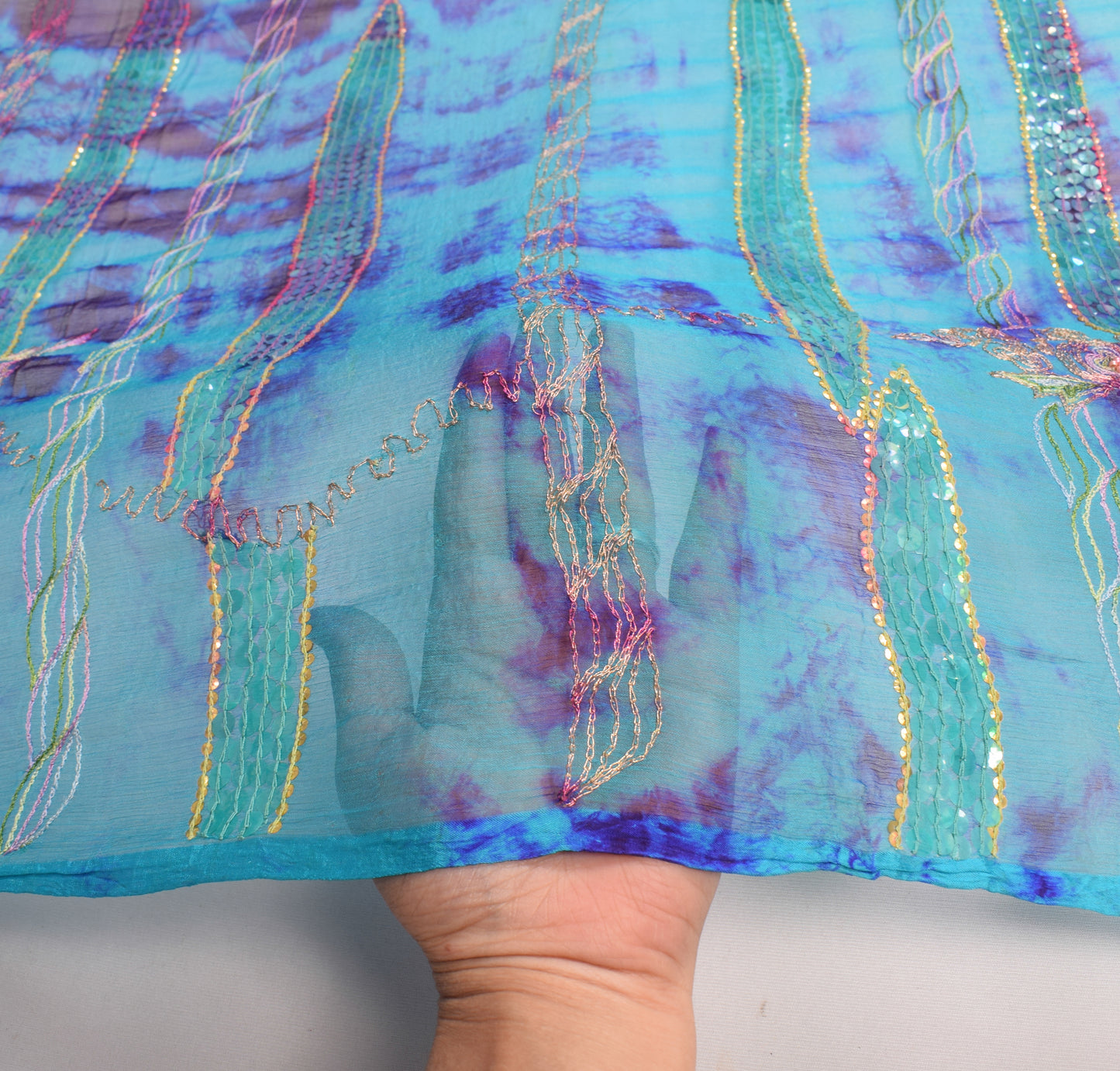 Sushila Vintage Aqua Blue Tie-Dye Dupatta Sequins Embellish Pure Chiffon Long Stole