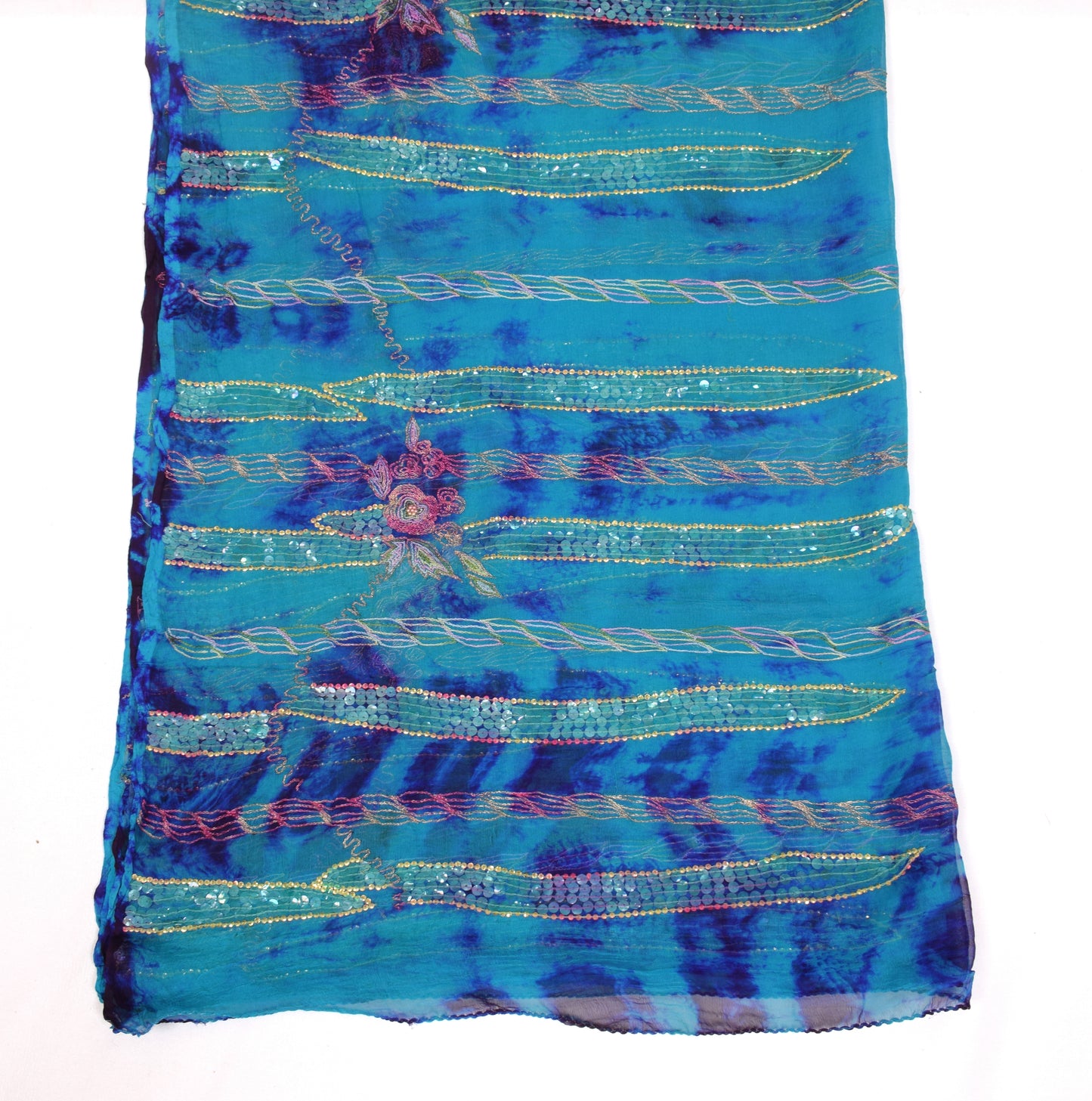 Sushila Vintage Aqua Blue Tie-Dye Dupatta Sequins Embellish Pure Chiffon Long Stole