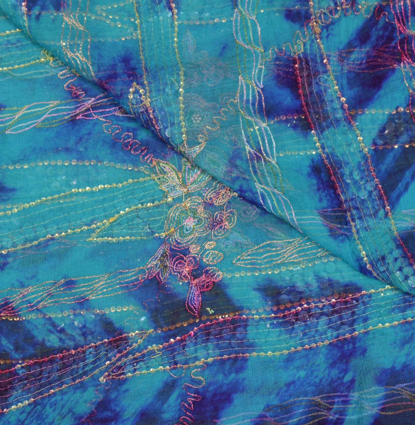 Sushila Vintage Aqua Blue Tie-Dye Dupatta Sequins Embellish Pure Chiffon Long Stole