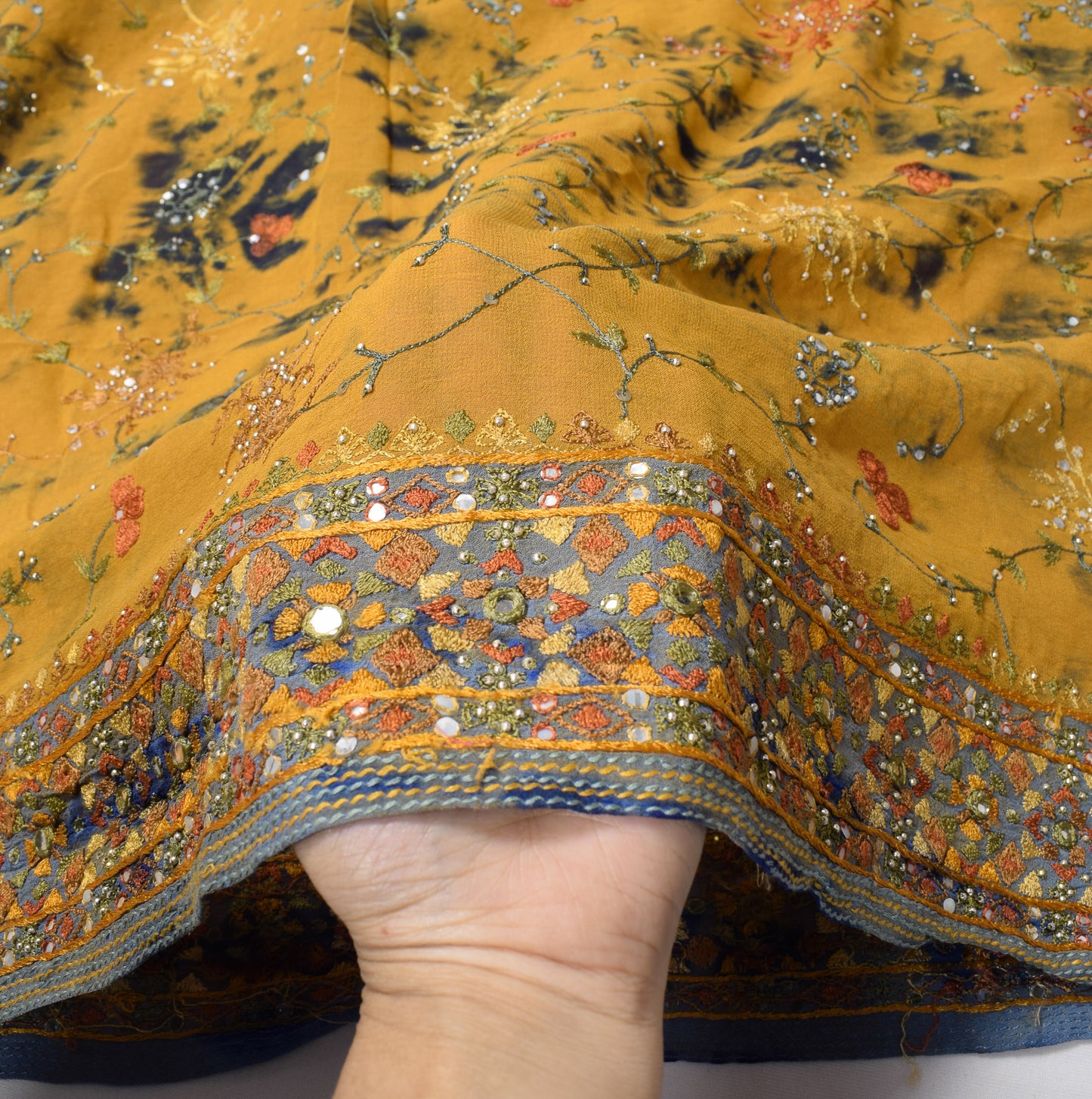 Sushila Vintage Mustard Dupatta Pure Georgette Tie-dye & Mirror Work Long Stole