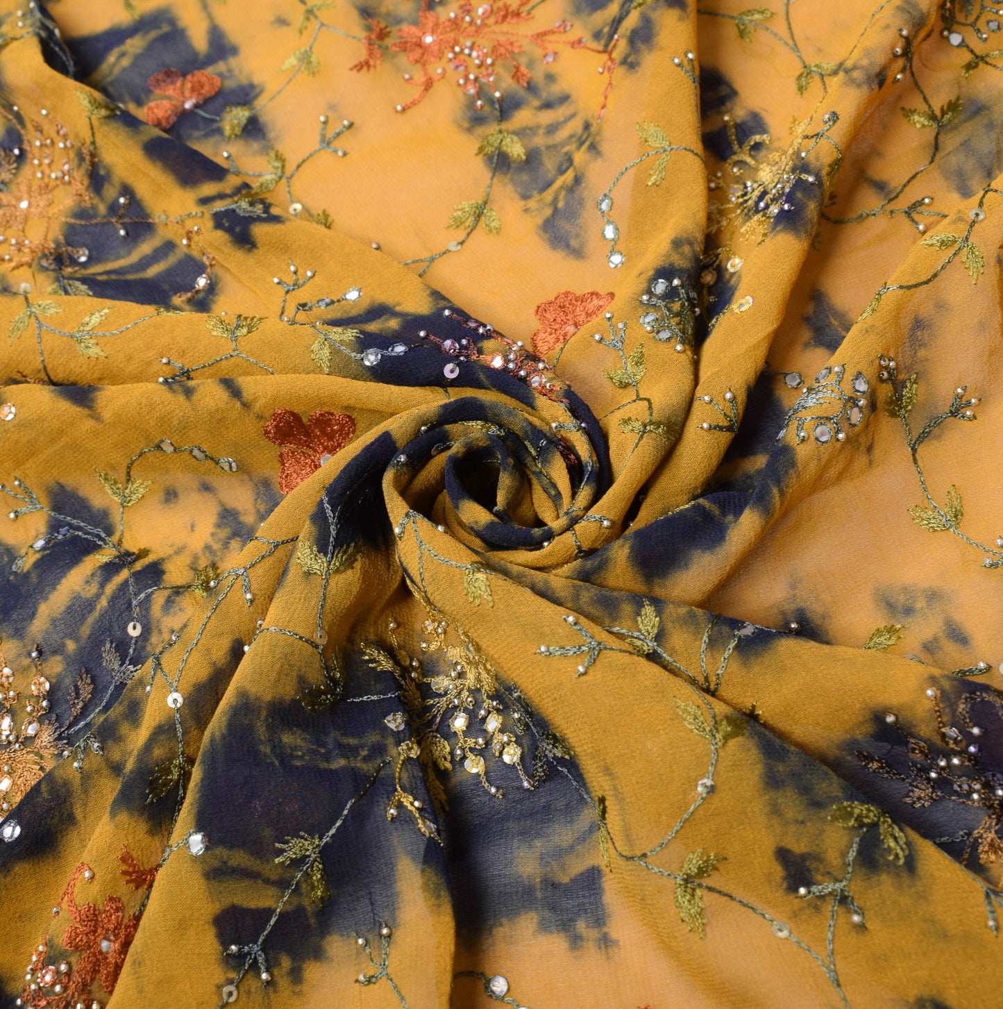 Sushila Vintage Mustard Dupatta Pure Georgette Tie-dye & Mirror Work Long Stole