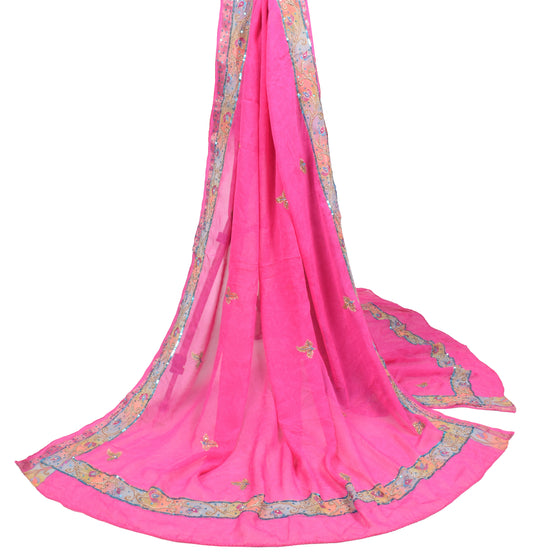 Sushila Vintage Fuchsia Pink Dupatta Pure Georgette Printed & Embroidered Long Stole