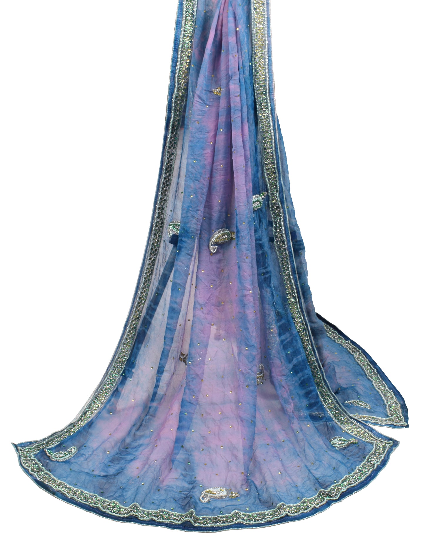 Sushila Vintage Multi-Color Tie-Dye Dupatta Pure Chiffon Rhine Stone Beaded Long Stole