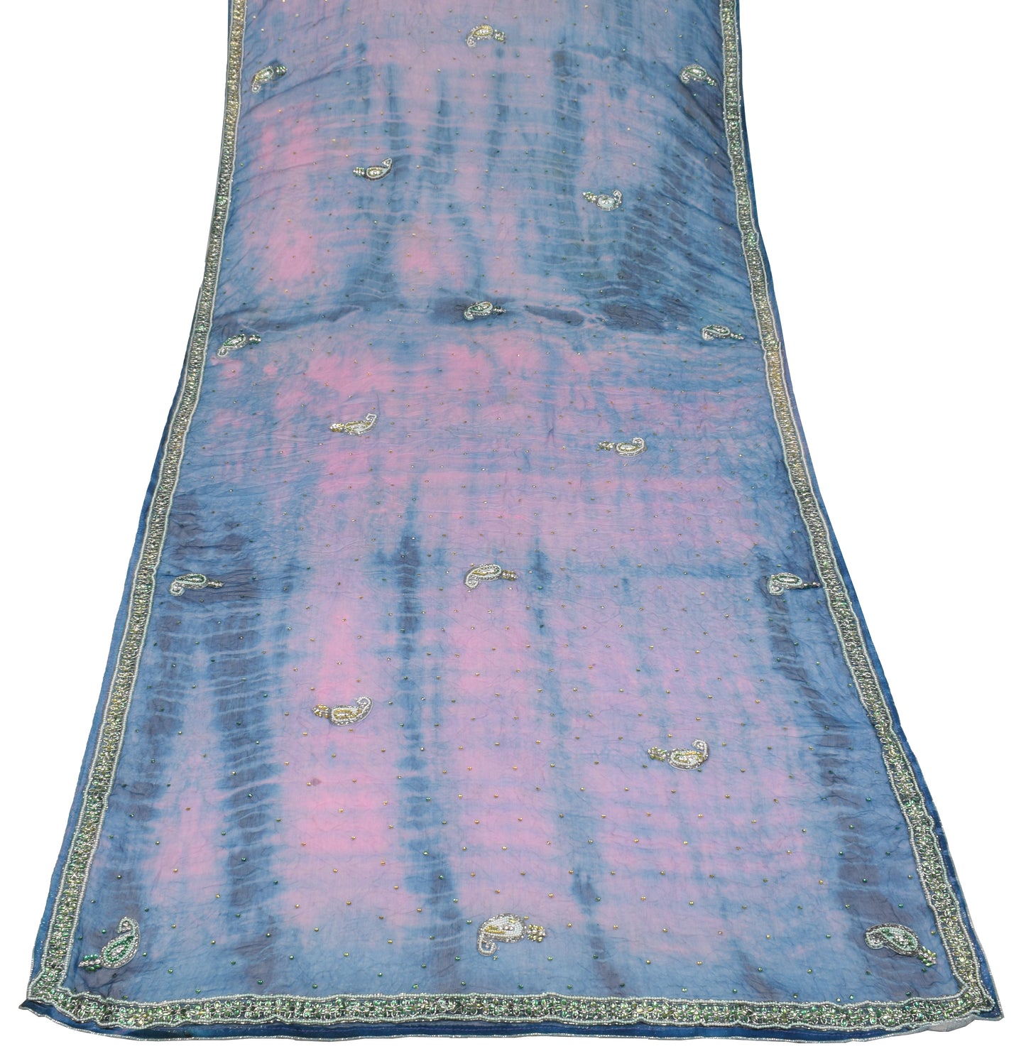 Sushila Vintage Multi-Color Tie-Dye Dupatta Pure Chiffon Rhine Stone Beaded Long Stole