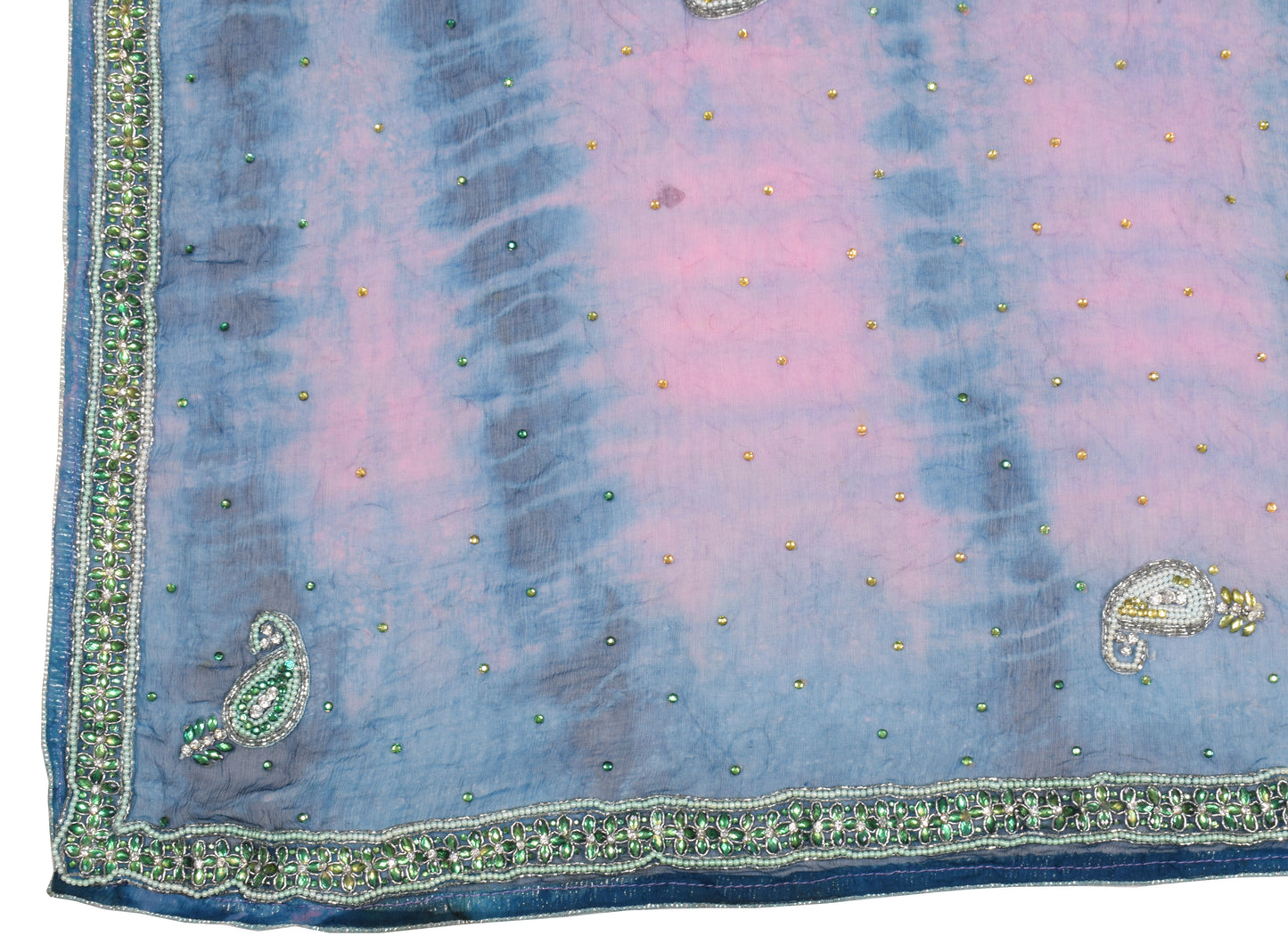 Sushila Vintage Multi-Color Tie-Dye Dupatta Pure Chiffon Rhine Stone Beaded Long Stole
