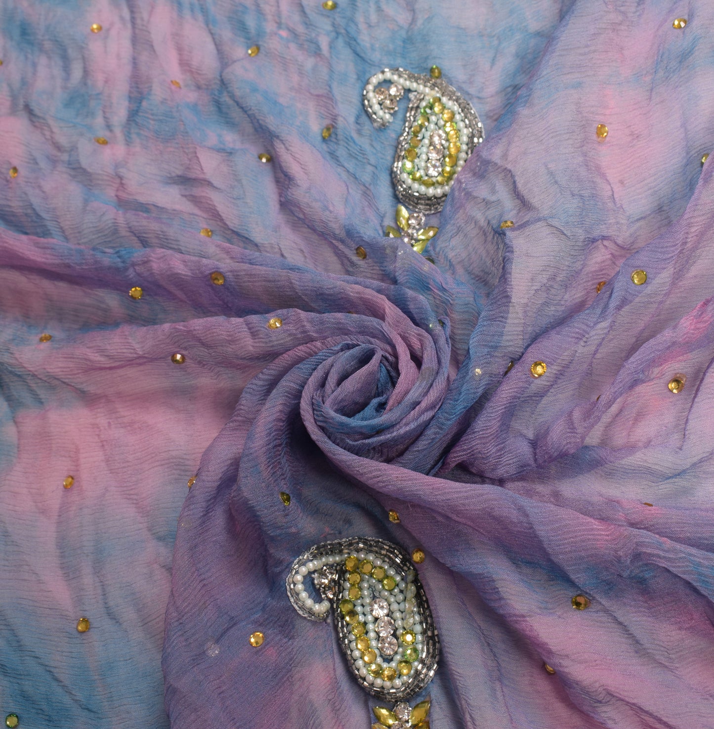 Sushila Vintage Multi-Color Tie-Dye Dupatta Pure Chiffon Rhine Stone Beaded Long Stole