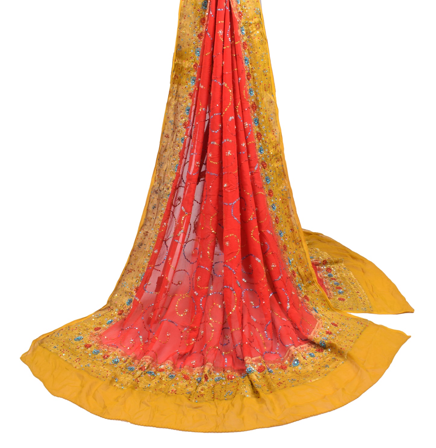 Sushila Vintage Red Yellow Dupatta Pure Georgette Sequins Embellish Long Stole