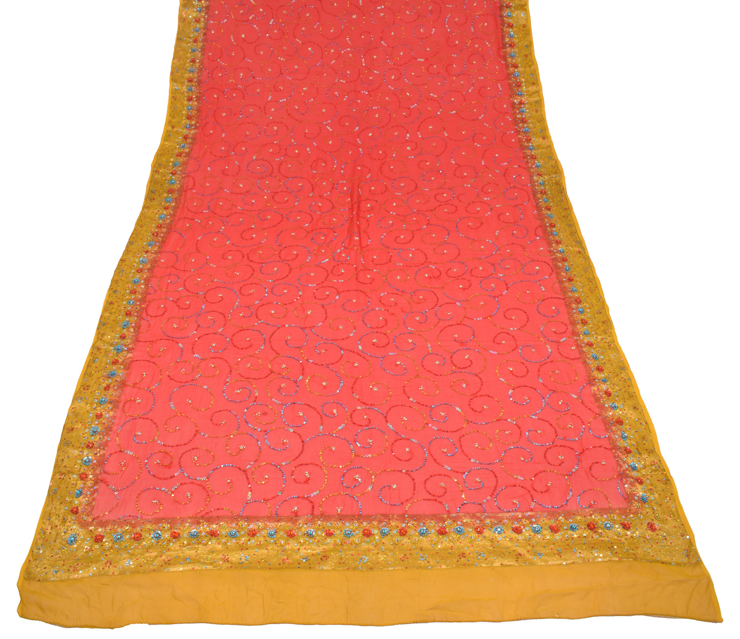 Sushila Vintage Red Yellow Dupatta Pure Georgette Sequins Embellish Long Stole