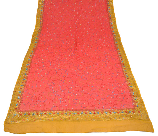 Sushila Vintage Red Yellow Dupatta Pure Georgette Sequins Embellish Long Stole