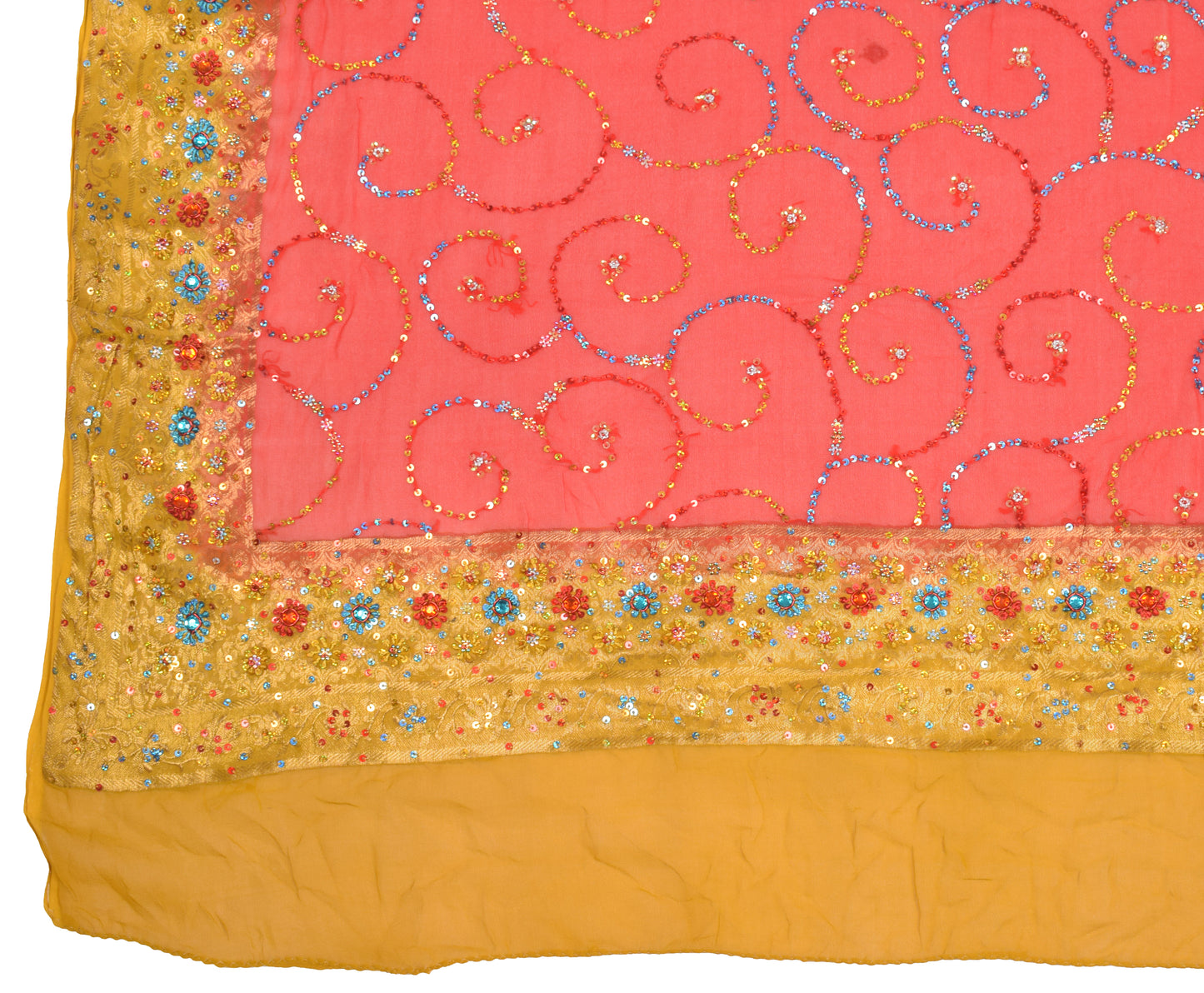 Sushila Vintage Red Yellow Dupatta Pure Georgette Sequins Embellish Long Stole
