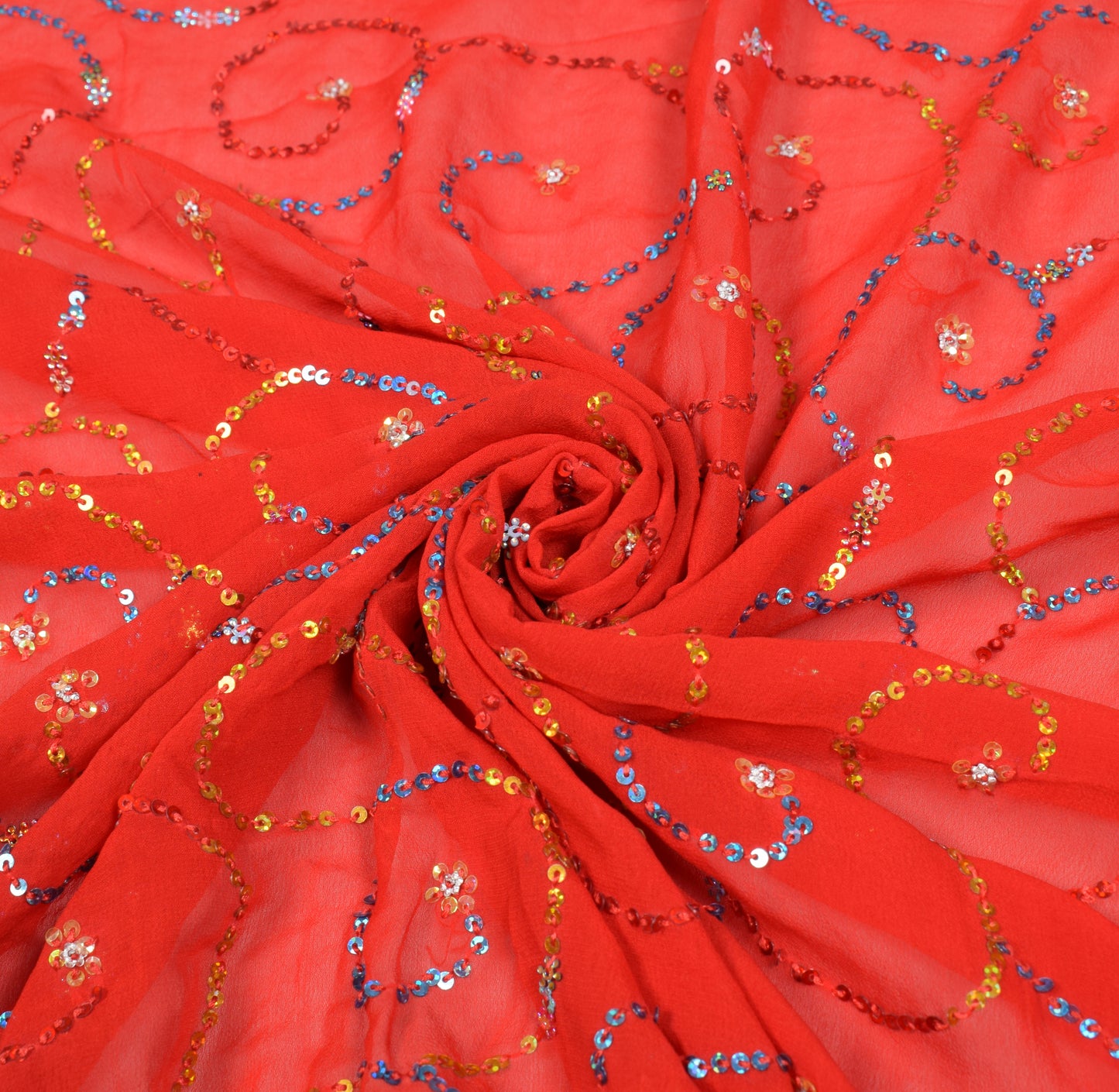 Sushila Vintage Red Yellow Dupatta Pure Georgette Sequins Embellish Long Stole
