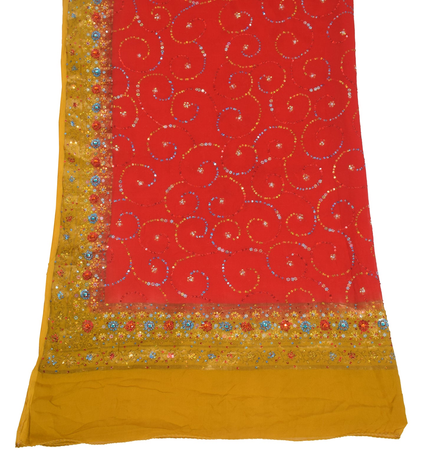 Sushila Vintage Red Yellow Dupatta Pure Georgette Sequins Embellish Long Stole