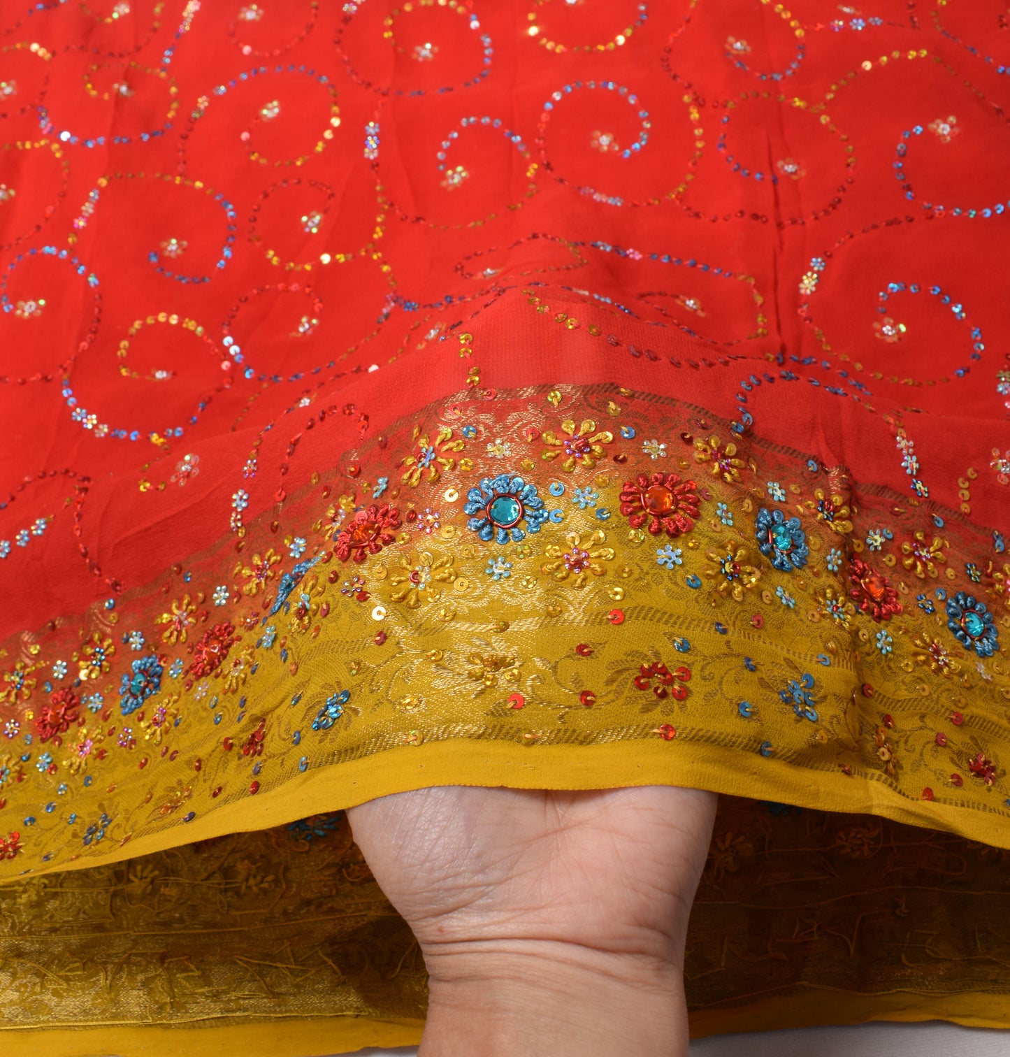 Sushila Vintage Red Yellow Dupatta Pure Georgette Sequins Embellish Long Stole