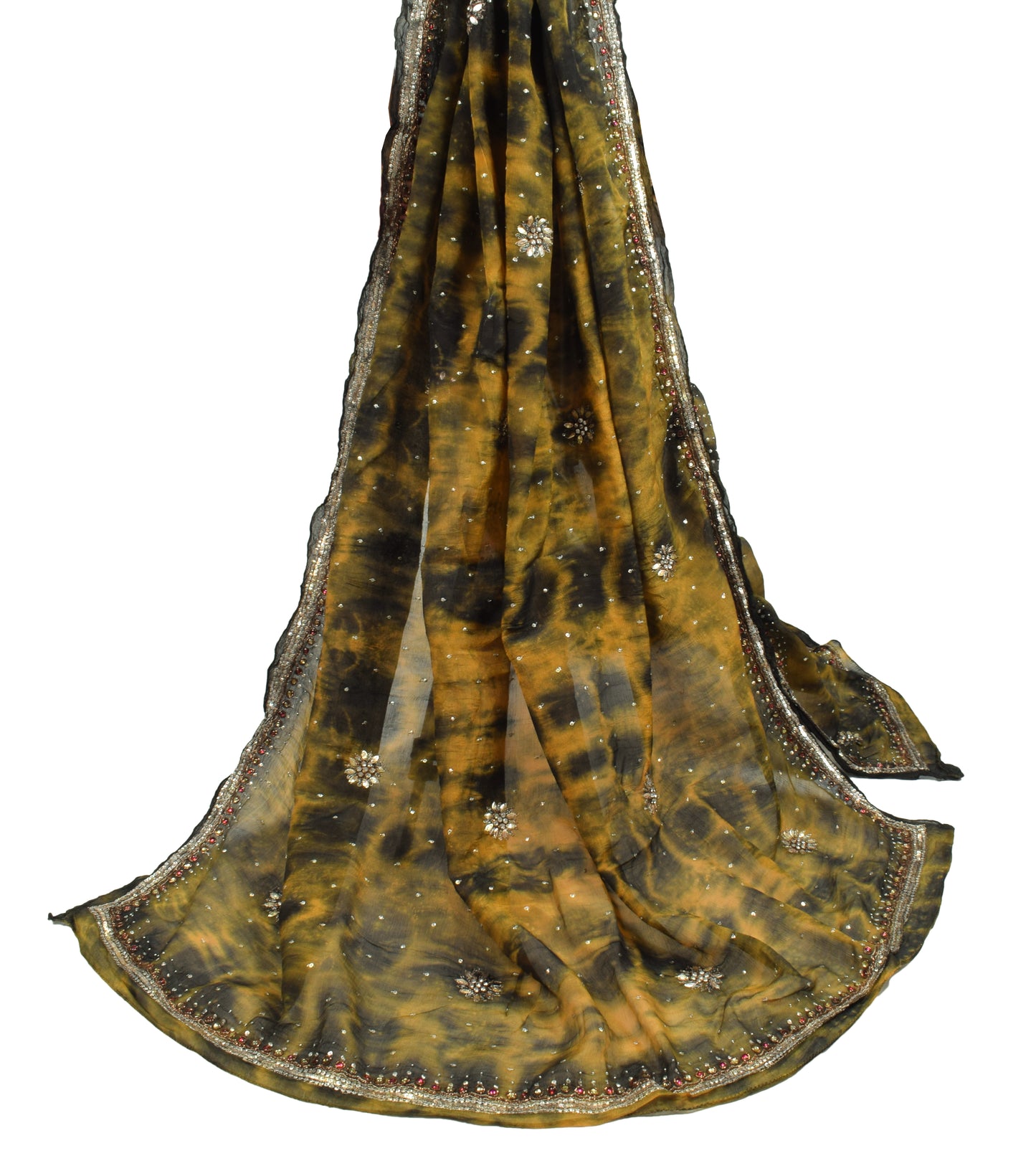 Sushila Vintage Green Tie-Dye Dupatta Hand Beaded Pure Chiffon Long Stole