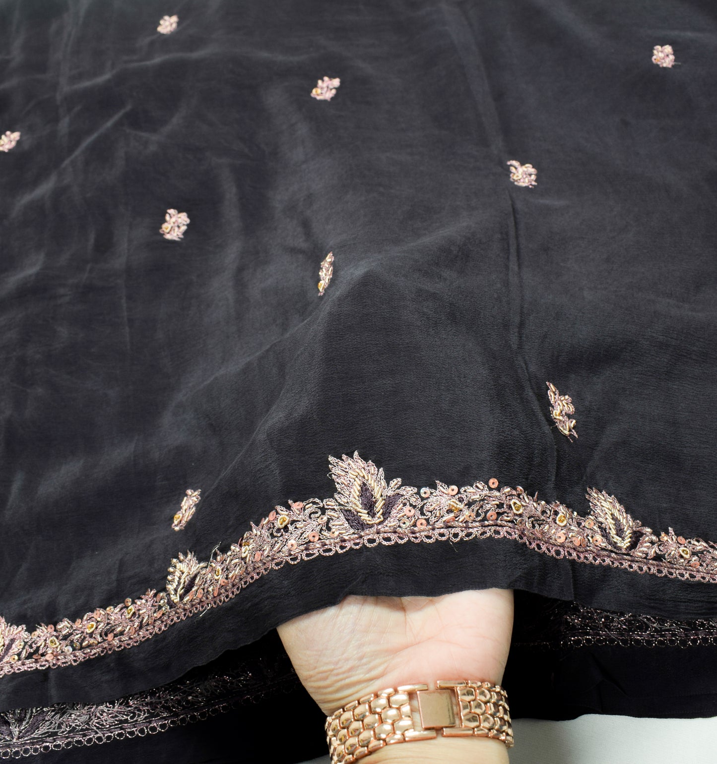 Sushila Vintage Pure Crepe Silk Dupatta Black Zardozi Work Long Stole