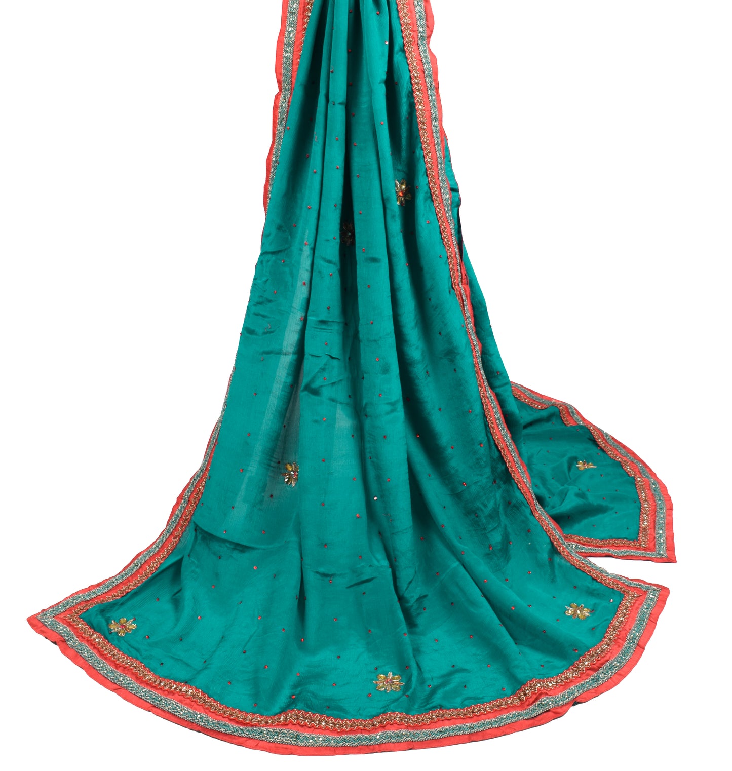 Sushila Vintage Teal Green Dupatta Pure Chiffon Hand Beaded Floral Long Stole