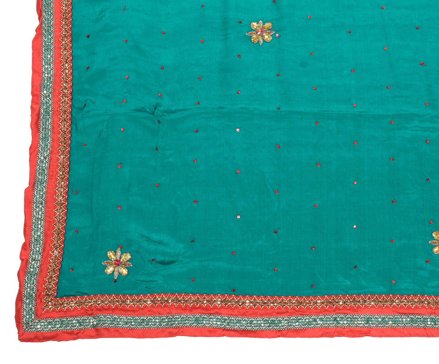 Sushila Vintage Teal Green Dupatta Pure Chiffon Hand Beaded Floral Long Stole