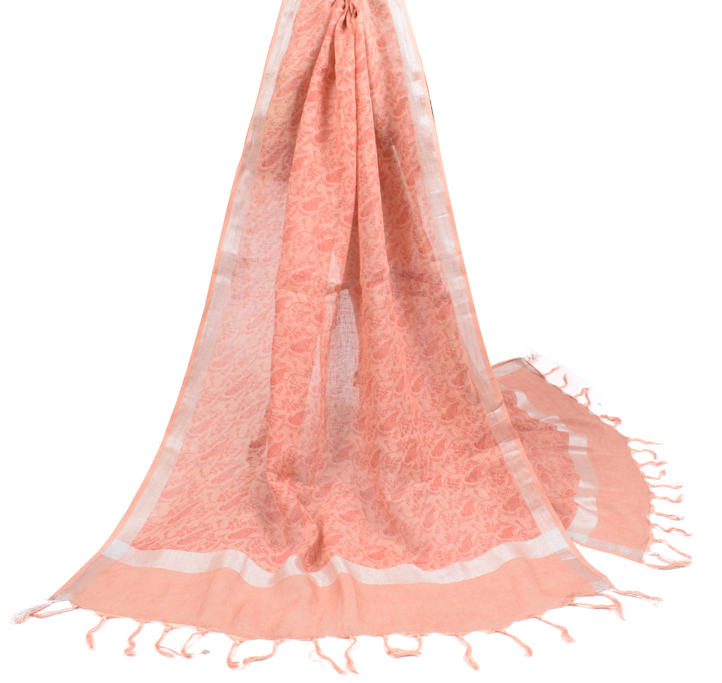 Sushila Vintage Peach Dupatta Pure Cotton Hand Printed Birds Long Stole
