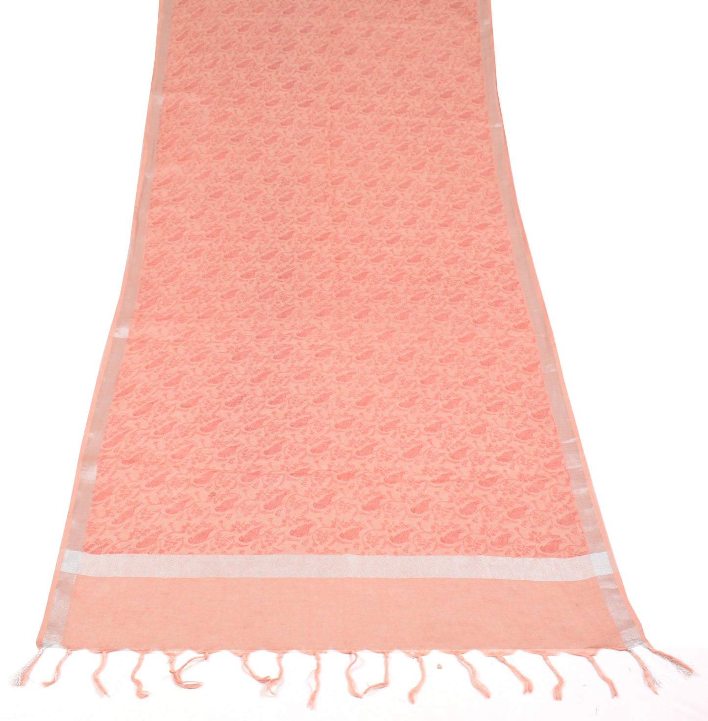 Sushila Vintage Peach Dupatta Pure Cotton Hand Printed Birds Long Stole