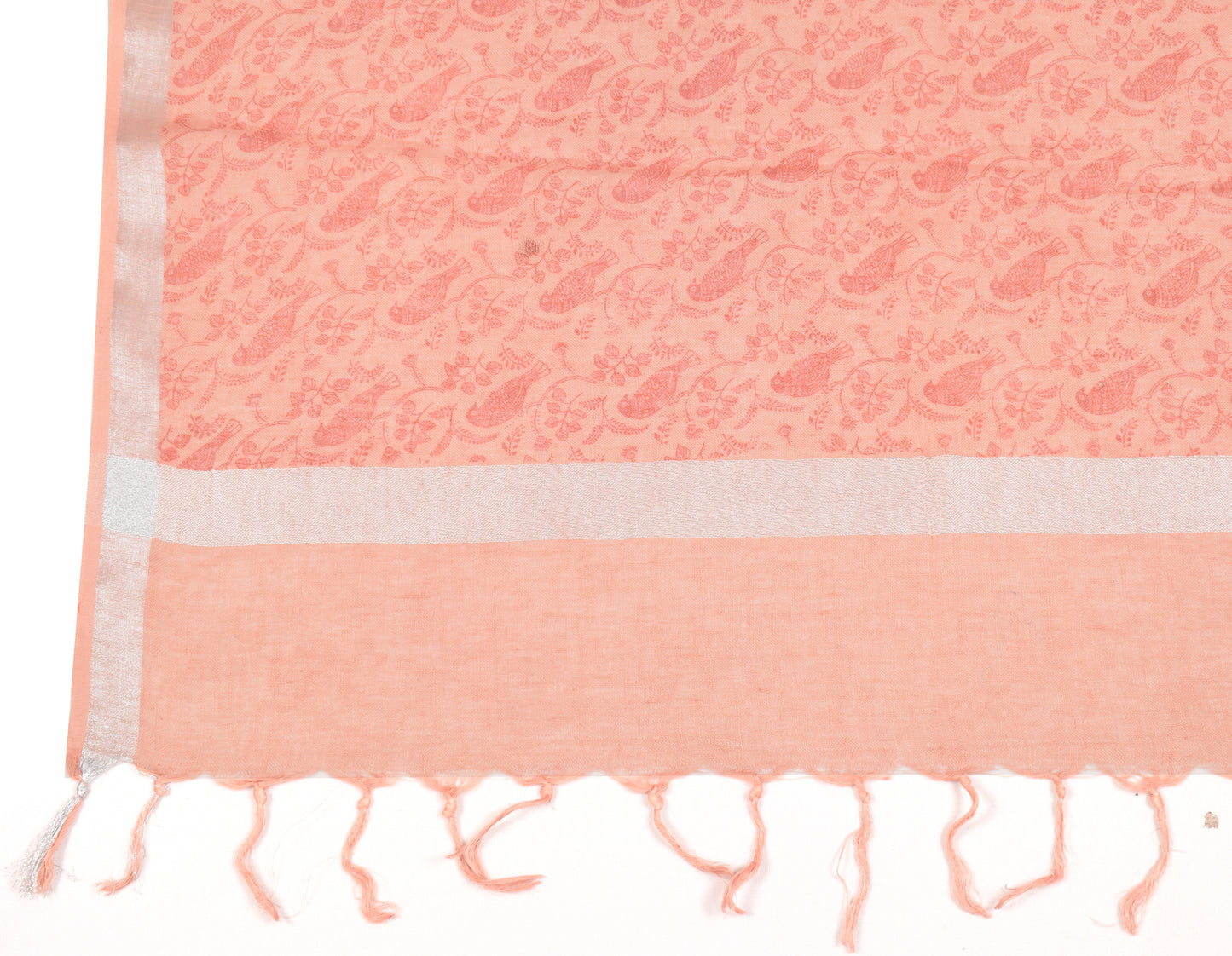 Sushila Vintage Peach Dupatta Pure Cotton Hand Printed Birds Long Stole