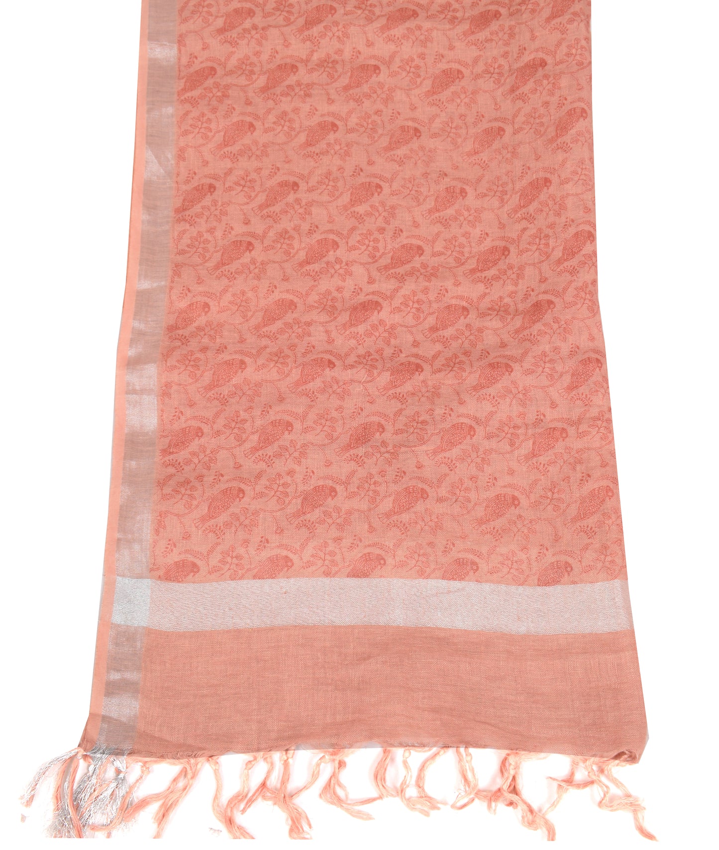 Sushila Vintage Peach Dupatta Pure Cotton Hand Printed Birds Long Stole