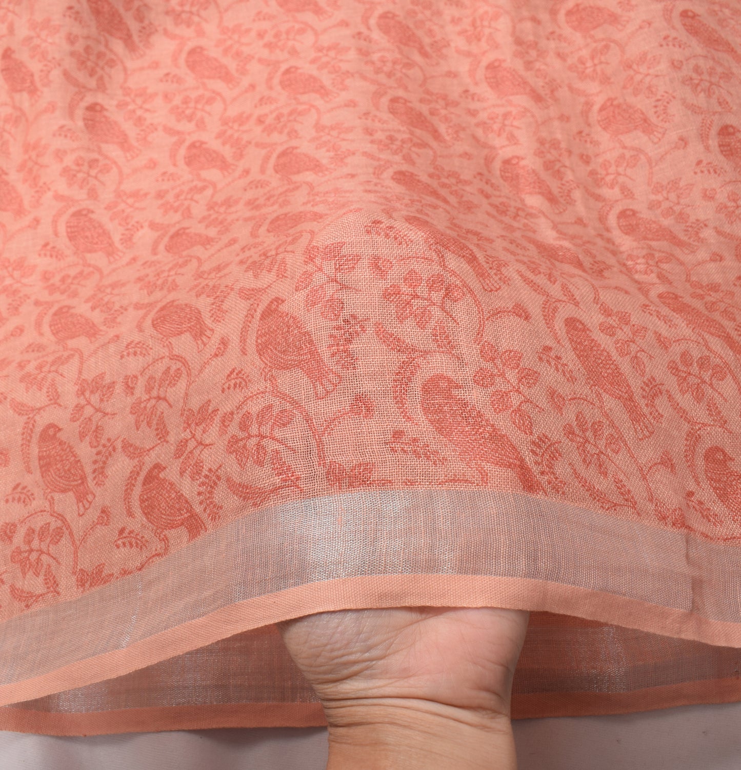 Sushila Vintage Peach Dupatta Pure Cotton Hand Printed Birds Long Stole