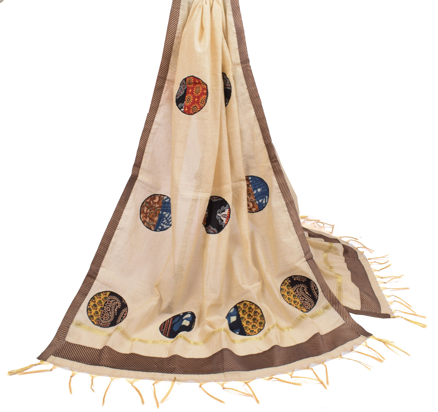 Sushila Vintage Pure Cotton Dupatta Patch Work Light Brown Long Stole