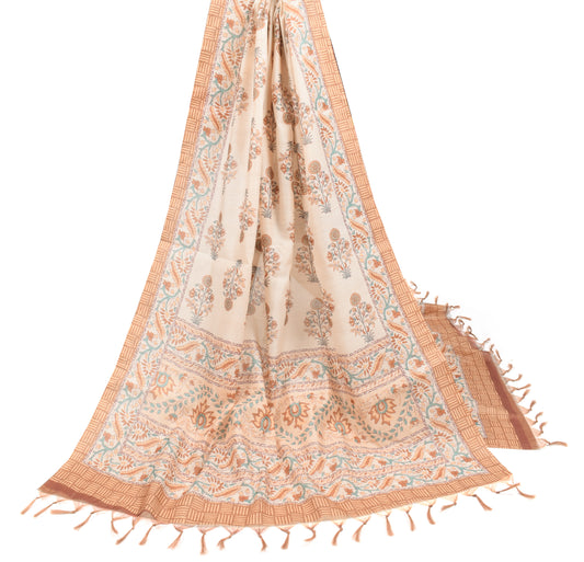 Sushila Vintage Beige Hand Block Printed Dupatta Art Cotton Silk Long Stole (Copy)
