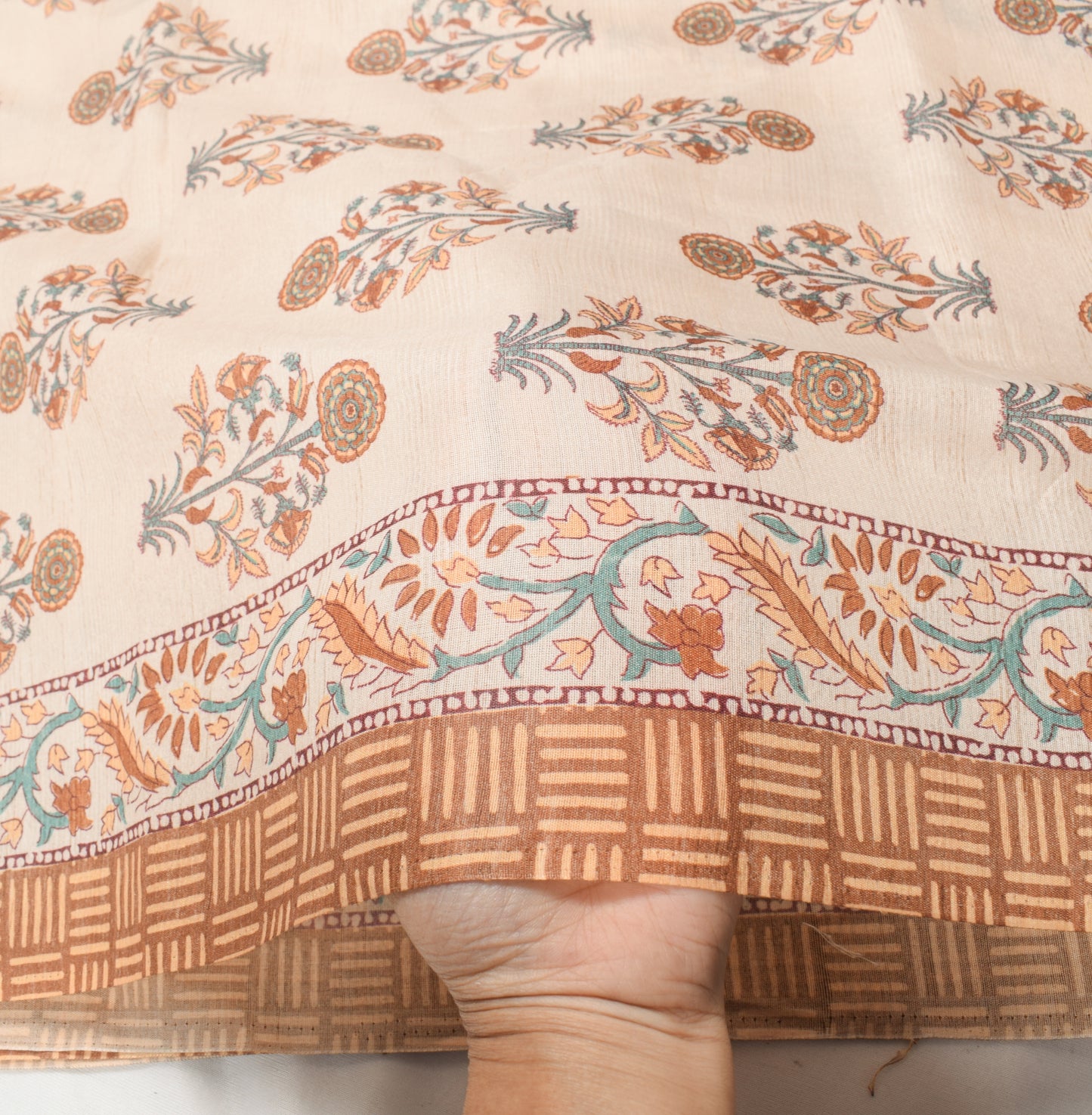 Sushila Vintage Beige Hand Block Printed Dupatta Art Cotton Silk Long Stole (Copy)
