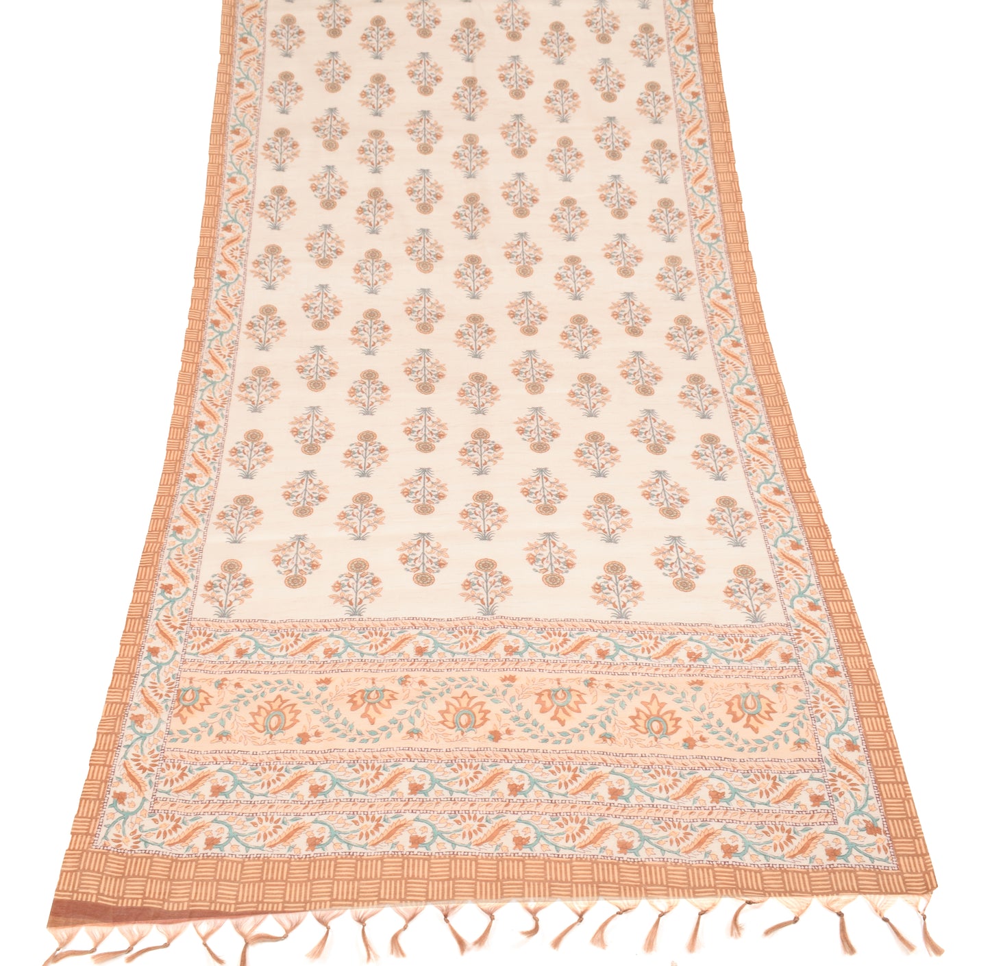 Sushila Vintage Beige Hand Block Printed Dupatta Art Cotton Silk Long Stole (Copy)