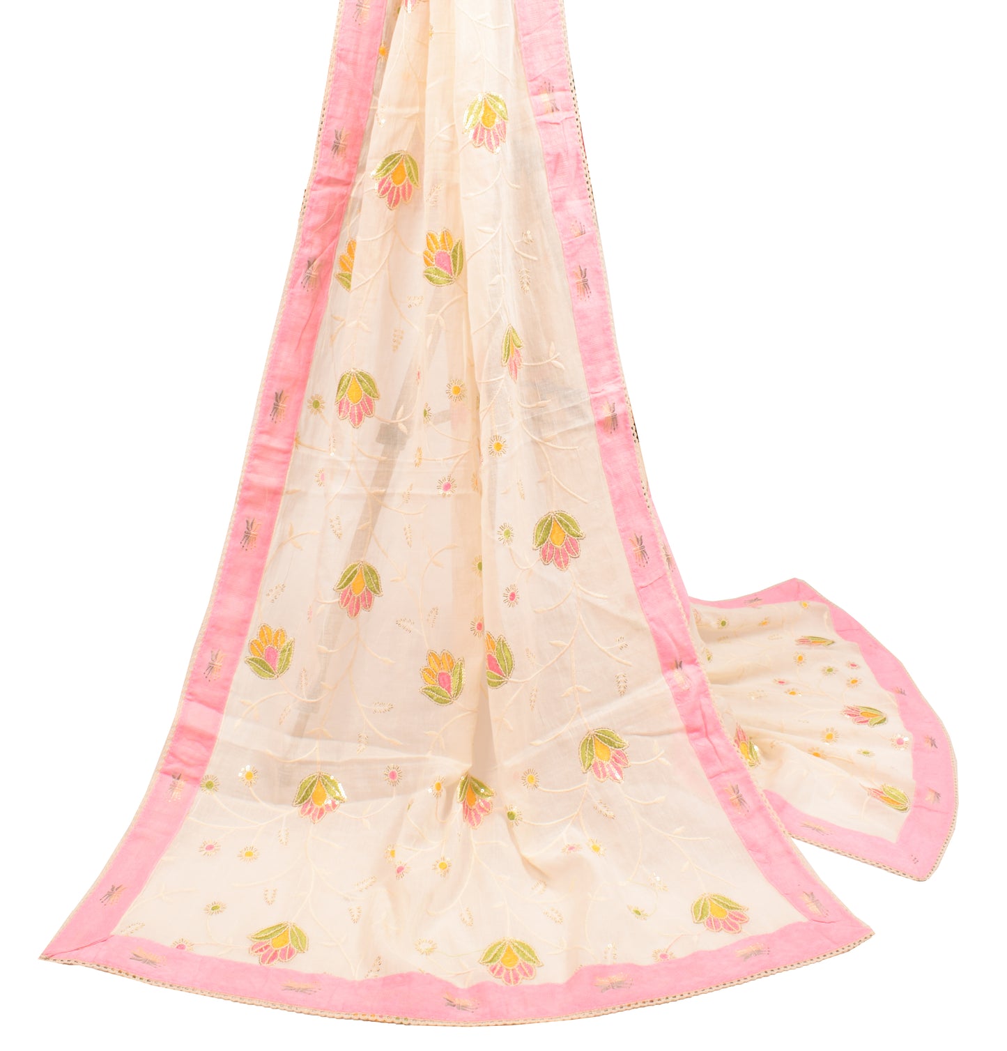 Sushila Vintage Floral Embroidered Dupatta Cream Pure Cotton Long Stole